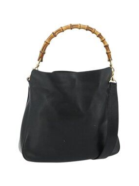 GUCCI Bamboo Shoulder Bag Leather 2way Black Gold 001 1705 1638